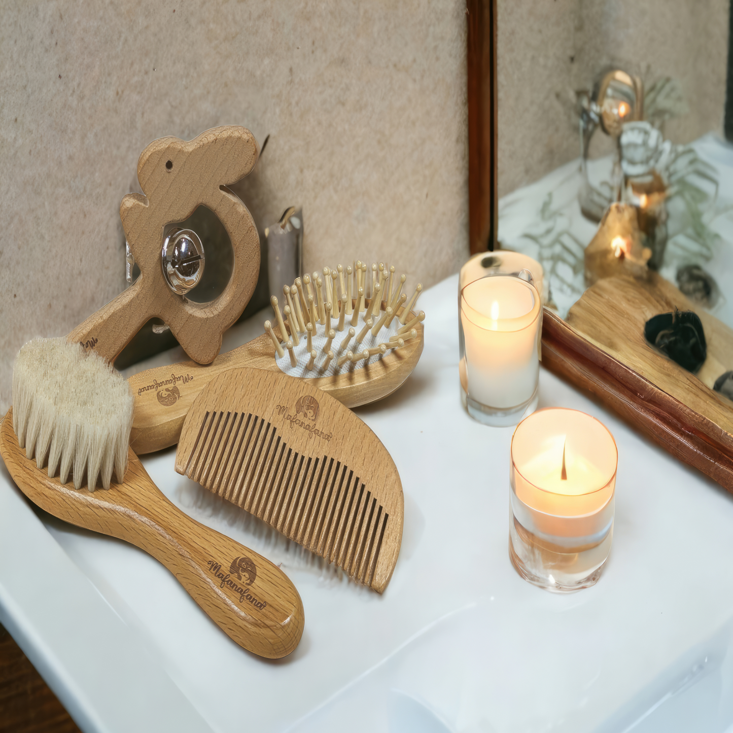 Wooden Comb, Hair Brush and Baby Rattle